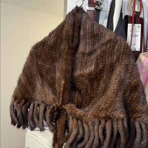 Brown Faux Fur Shawl with Fringe
